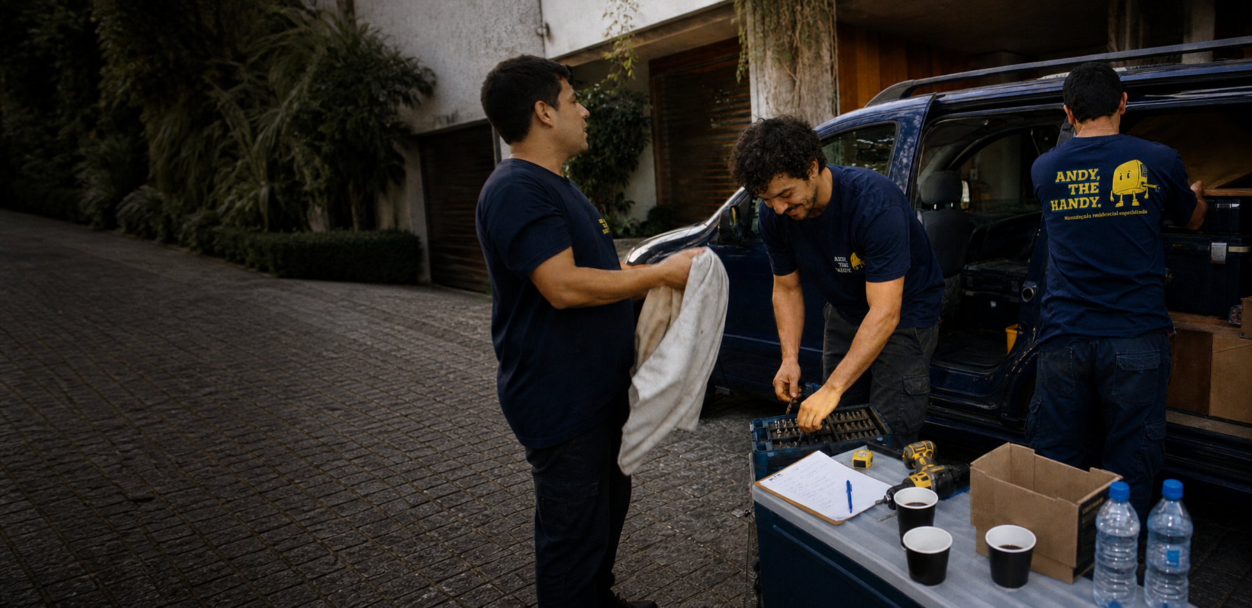 Equipe da Andy The Handy organizando ferramentas ao lado da van de serviço
